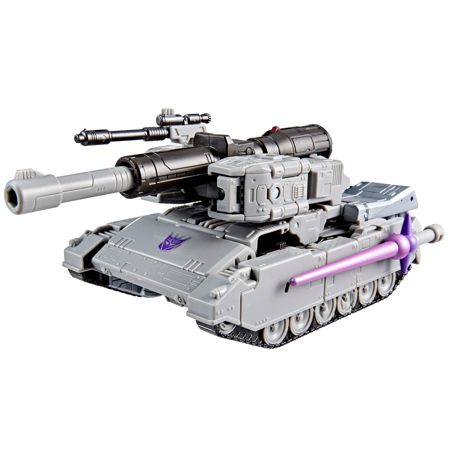 Gray Transformers Megatron toy tank with a long cannon, a purple Decepticon symbol, and a purple energy mace attached