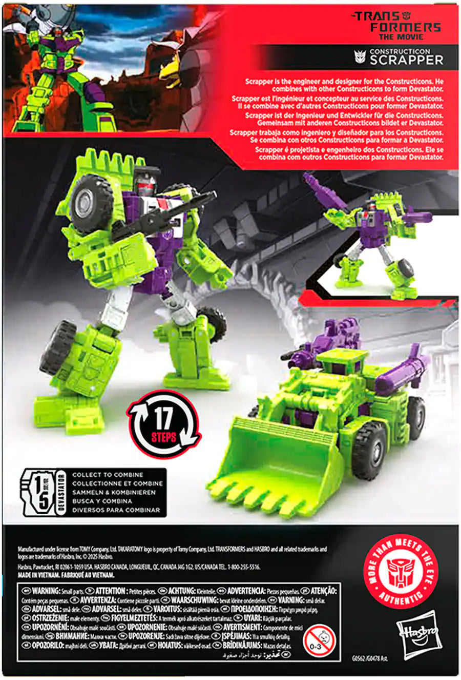 Green and purple Transformers Constructicon Scrapper toy shown in robot mode with a weapon, and as a green front loader vehicle
