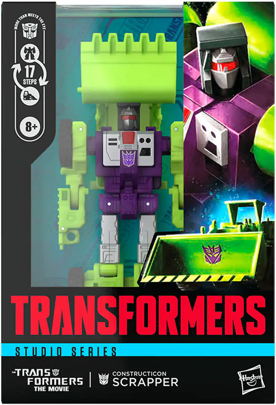 Packaged green and purple Decepticon Constructicon Scrapper Transformer robot toy with bulldozer mode art