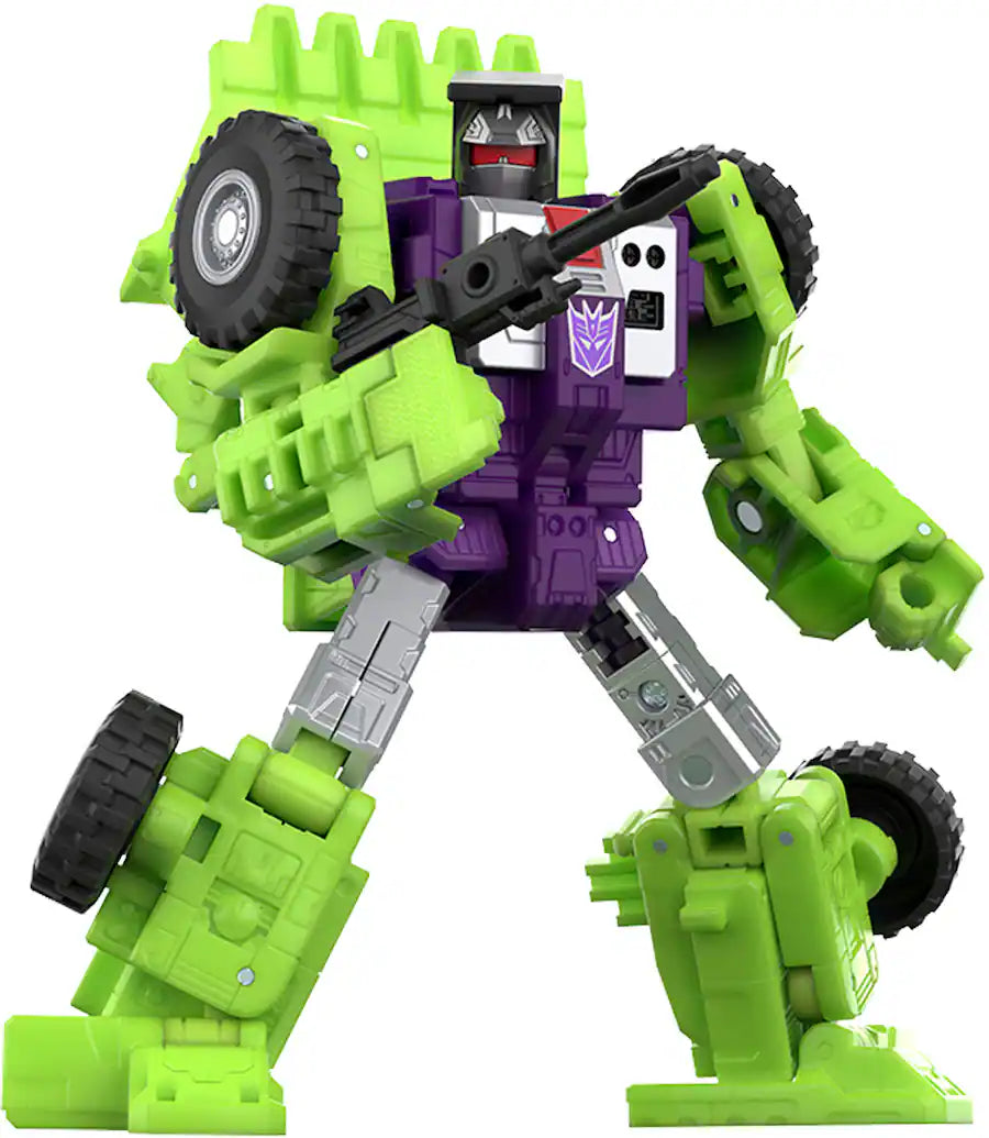 A green and purple Decepticon robot, Devastator, stands holding a blaster, integrated with construction vehicle parts