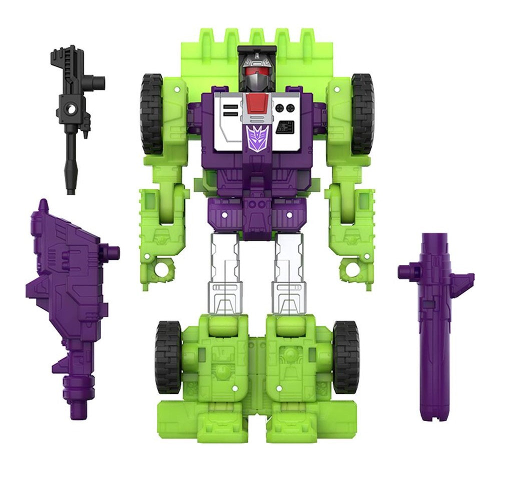 Green and purple Transformer action figure with a Decepticon symbol on its chest, displayed with three weapons