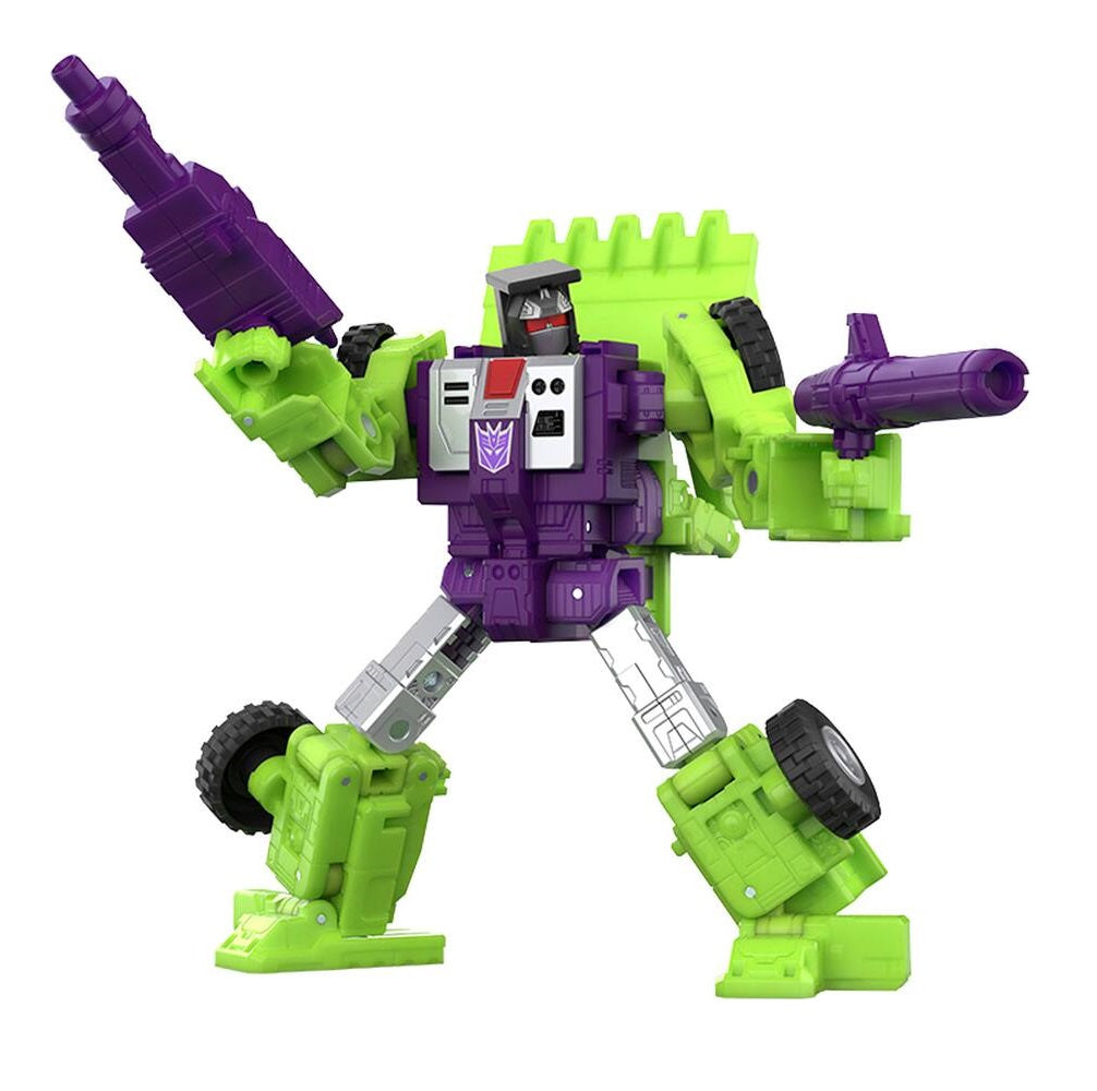 Green and purple Decepticon Devastator toy robot, holding two blasters in a dynamic pose