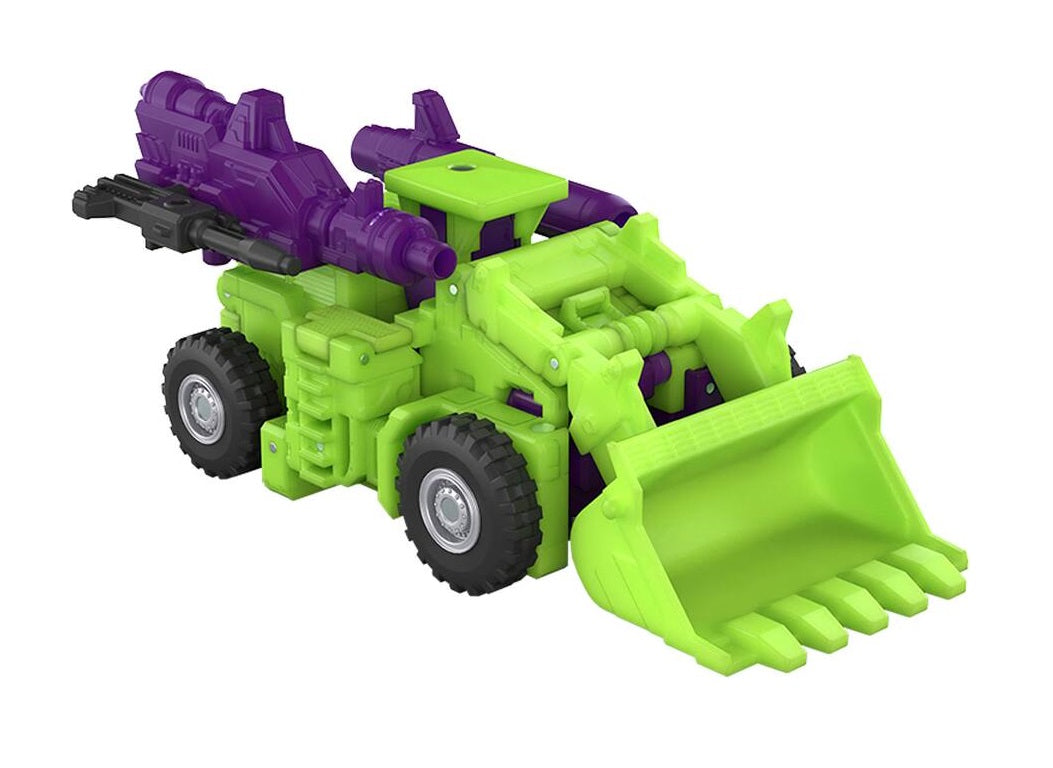 Lime green and purple toy construction vehicle with a front scoop and mounted cannons