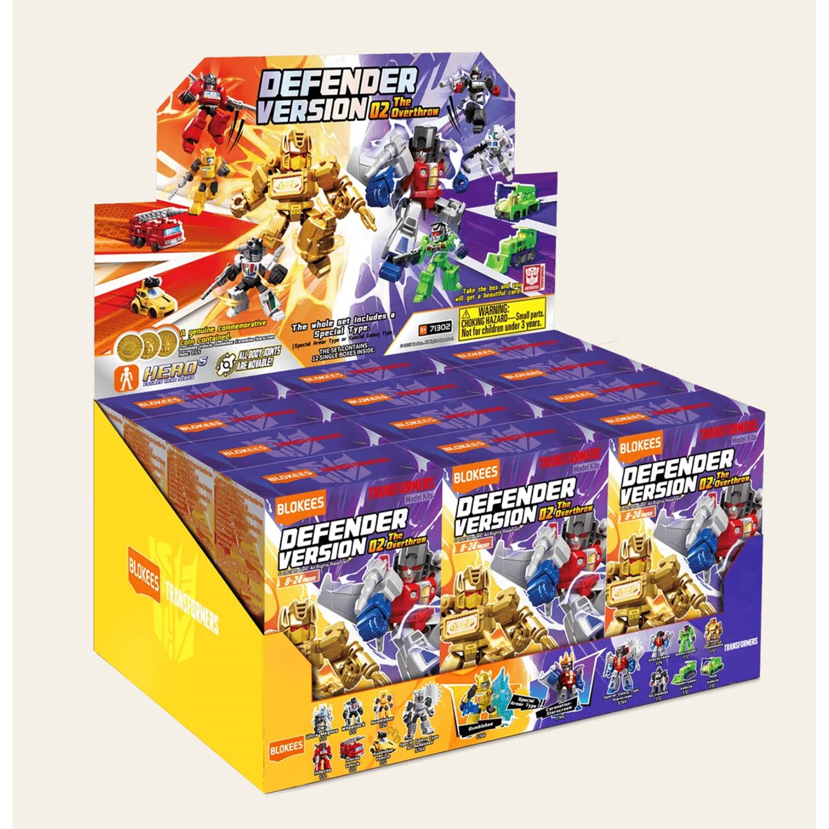 Retail display of 12 blind box Blokees Transformers "Defender Version 02" model kits, featuring various robot and vehicle forms