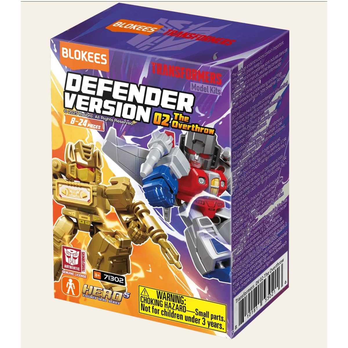 Blokees Transformers &#39;Defender Version 02 The Overthrow&#39; Model Kit box shows gold and red/blue robots battling