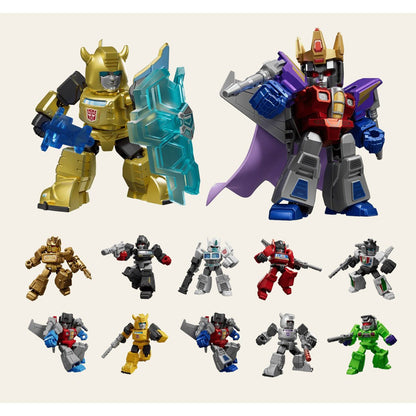 Two large chibi Transformers figures, gold Bumblebee with shield and crowned Starscream with cape, above 10 smaller figures