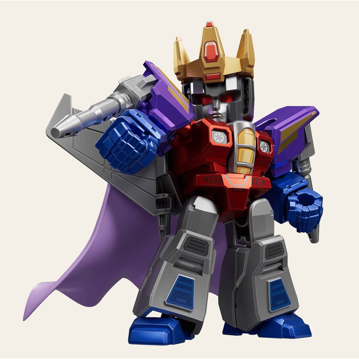 A stylized Starscream robot figure with a gold crown, purple cape, and a cannon on its left arm