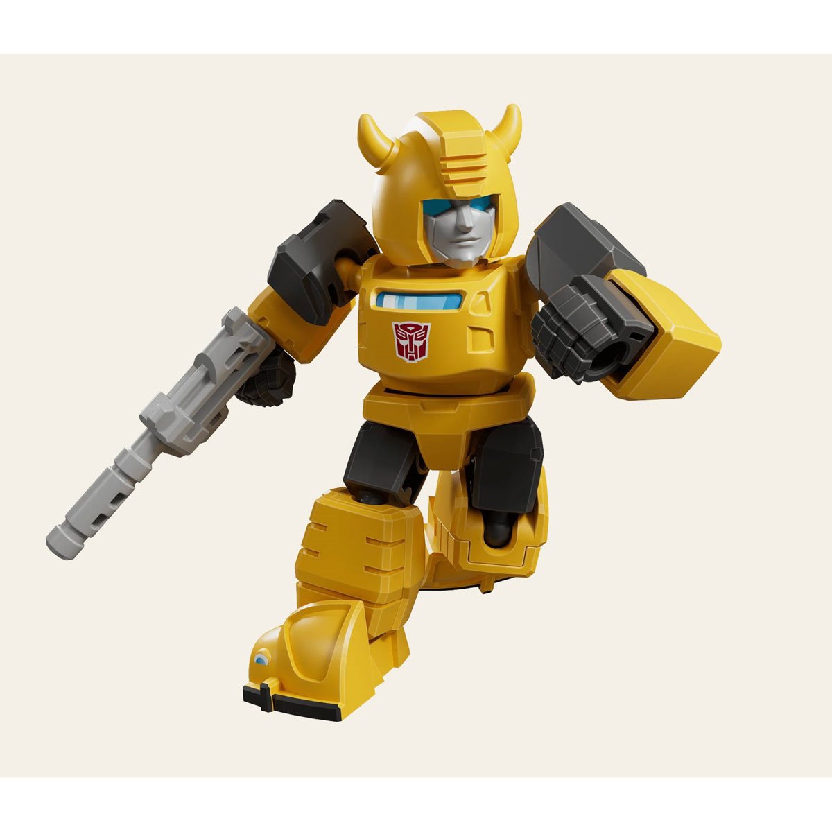 Yellow Bumblebee action figure running with a grey blaster