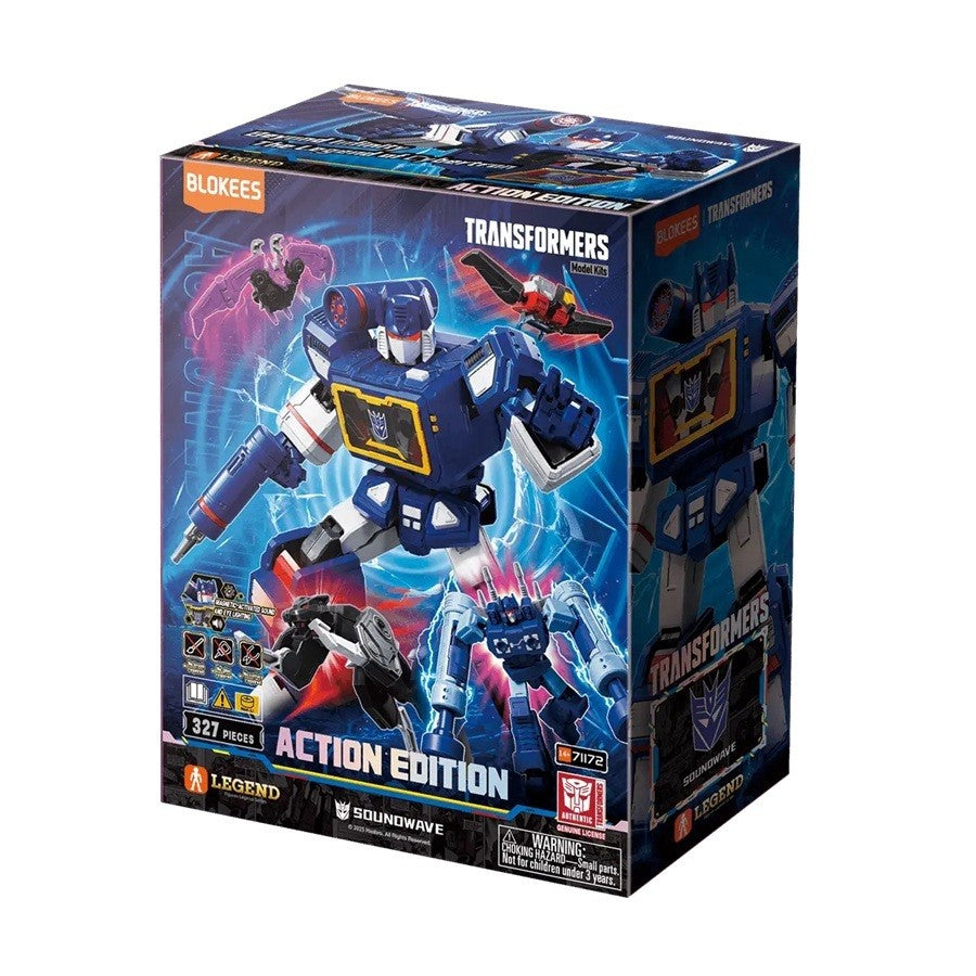 BLOKEES Transformers Soundwave Action Edition model kit box, features blue Soundwave figure with blaster, Laserbeak, Ravage, and Rumble/Frenzy figures