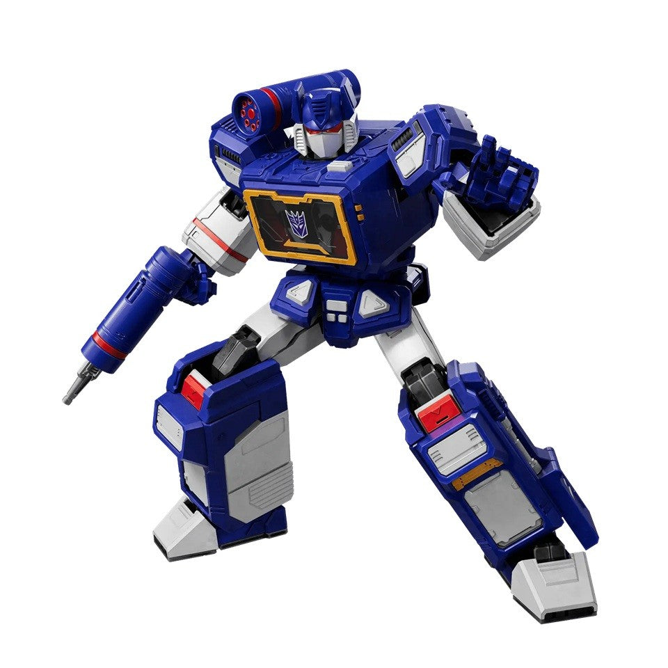 Dark blue Decepticon Soundwave robot figure in a dynamic pose, with chest cassette deck, shoulder cannon, and blaster
