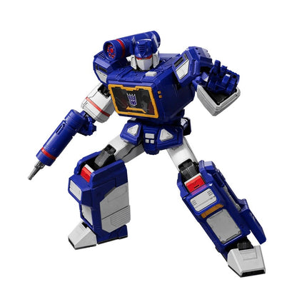Dark blue Decepticon Soundwave robot figure in a dynamic pose, with chest cassette deck, shoulder cannon, and blaster