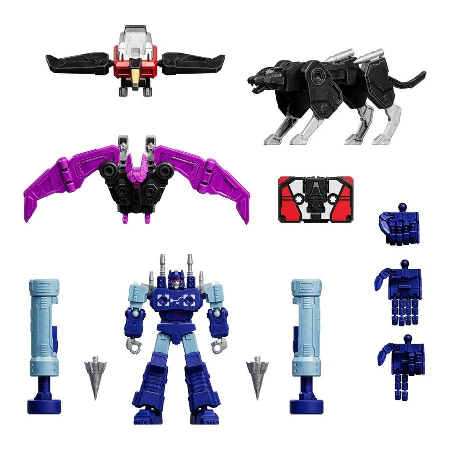 Five Transformers figures: red jet, black panther, purple bat, red cassette, blue robot, plus various accessories like blue pillars, grey spikes, and modular blue robot parts