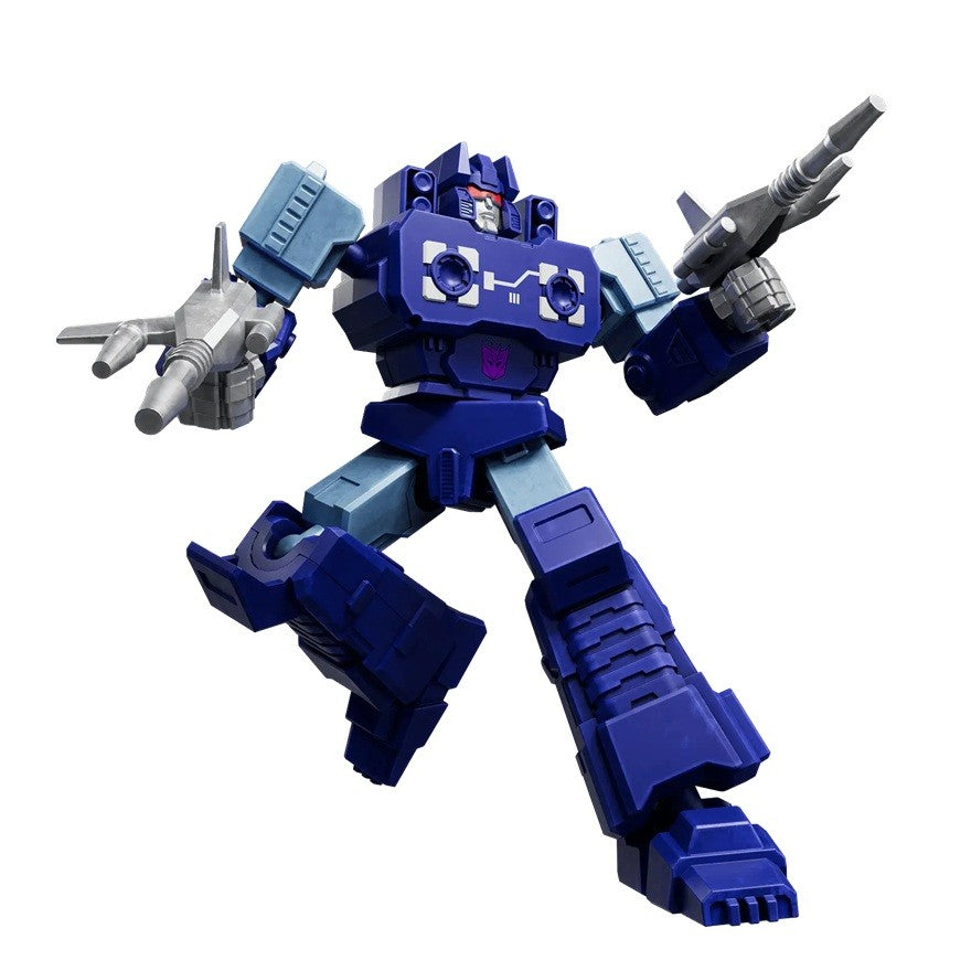 Dark blue and light blue Transformer Soundwave action figure with red eyes, holding two silver blasters