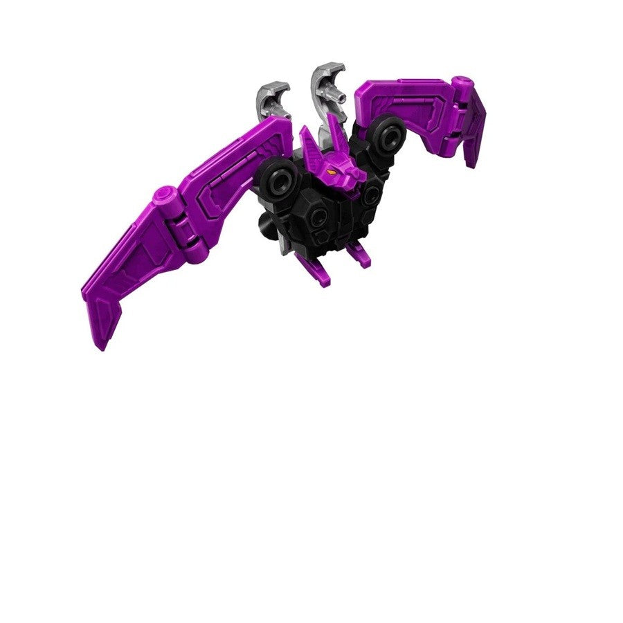 Purple and black robotic bat toy with mechanical wings and glowing yellow eyes