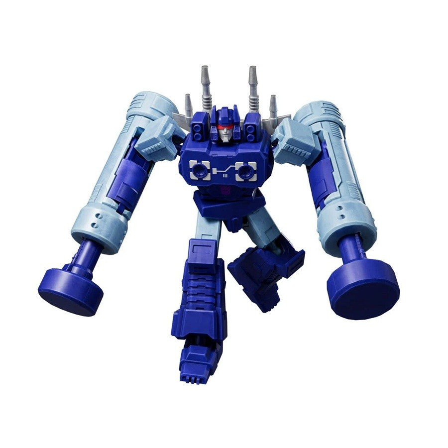 Dark blue and light blue Soundwave Transformer robot action figure with prominent cannon arms and a red visor, standing against a white background