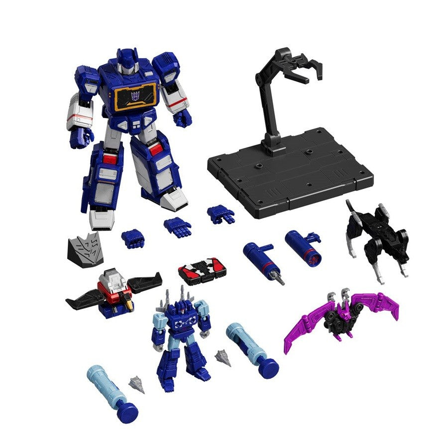 Blue Transformers Soundwave action figure with various accessories: mini-robot, black panther, red jet, purple bat, blasters, and a display stand
