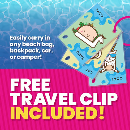 Stack of colorful, cartoon-illustrated travel cards clipped together, shown against a blue water texture