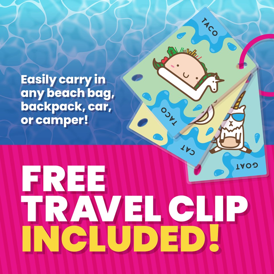 Stack of colorful, cartoon-illustrated travel cards clipped together, shown against a blue water texture