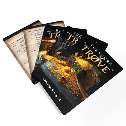 Fanned fantasy game cards. The front cards say 'TREASURE TROVE' over piles of gold; the back cards list items