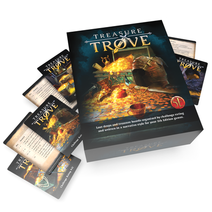 TREASURE TROVE game box showing a treasure chest bursting with gold coins, surrounded by game cards. For 5E