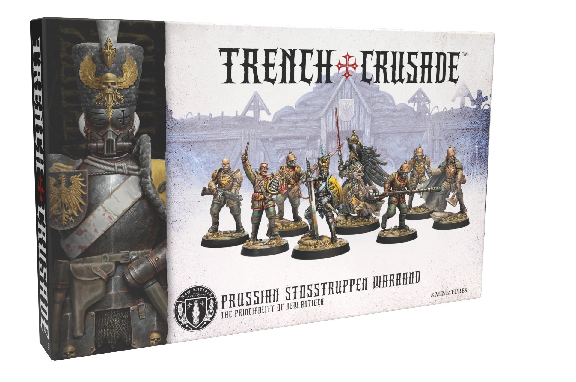 Trench Crusade game box showing the Prussian Stosstruppen Warband: 8 grimdark WWI-style miniatures