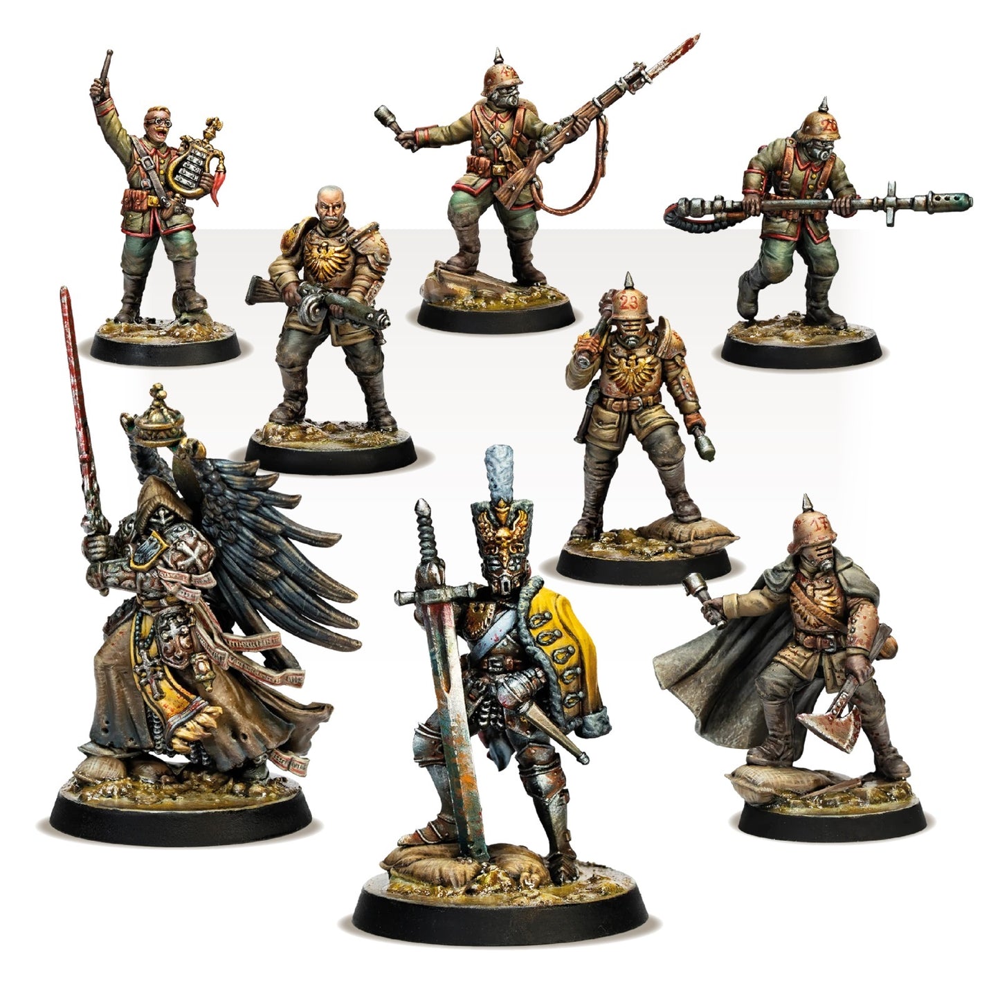 Eight painted wargame miniatures set, featuring grim soldiers in gas masks and spiked helmets alongside armored fantasy champions