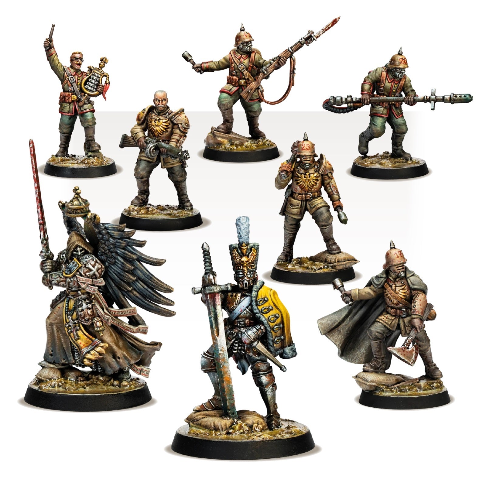 Eight painted wargame miniatures set, featuring grim soldiers in gas masks and spiked helmets alongside armored fantasy champions