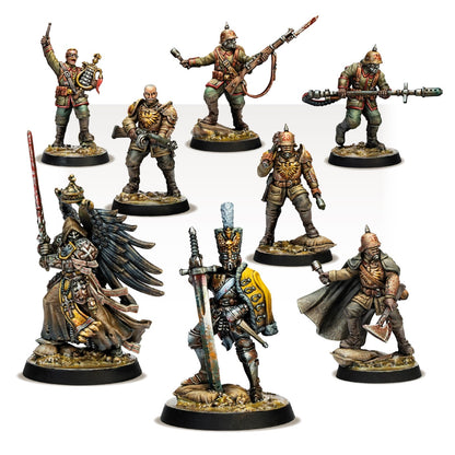Eight painted wargame miniatures set, featuring grim soldiers in gas masks and spiked helmets alongside armored fantasy champions