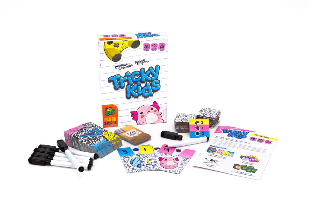 Tricky Kids card game and components spread out: box, markers, rulebook, and stacked cards on white