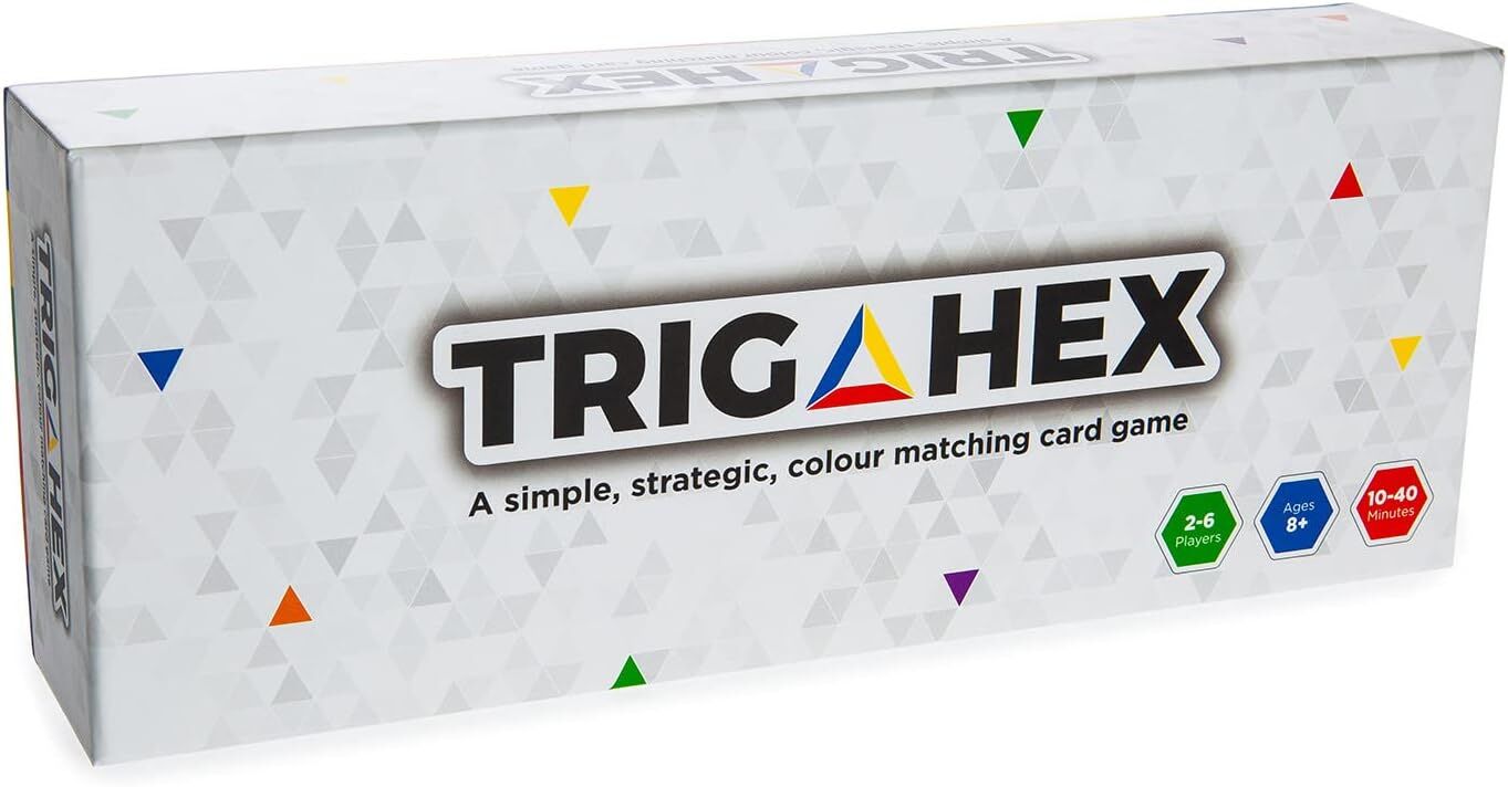 White box of the TRIGAHEX colour matching card game, featuring colorful triangles and game details