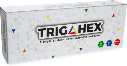 White box of the TRIGAHEX colour matching card game, featuring colorful triangles and game details