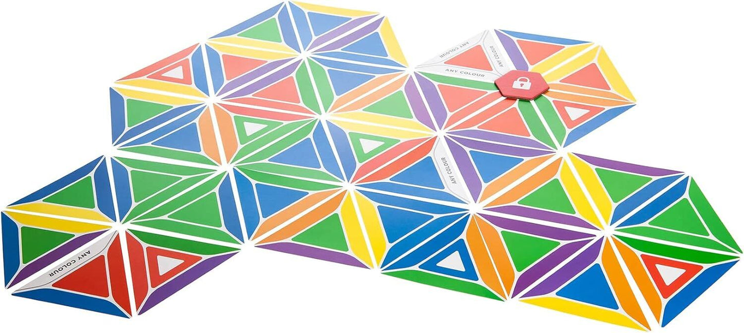 Colorful hexagonal board game tiles arranged in a pattern and a red lock token rests on a tile marked "ANY COLOUR"