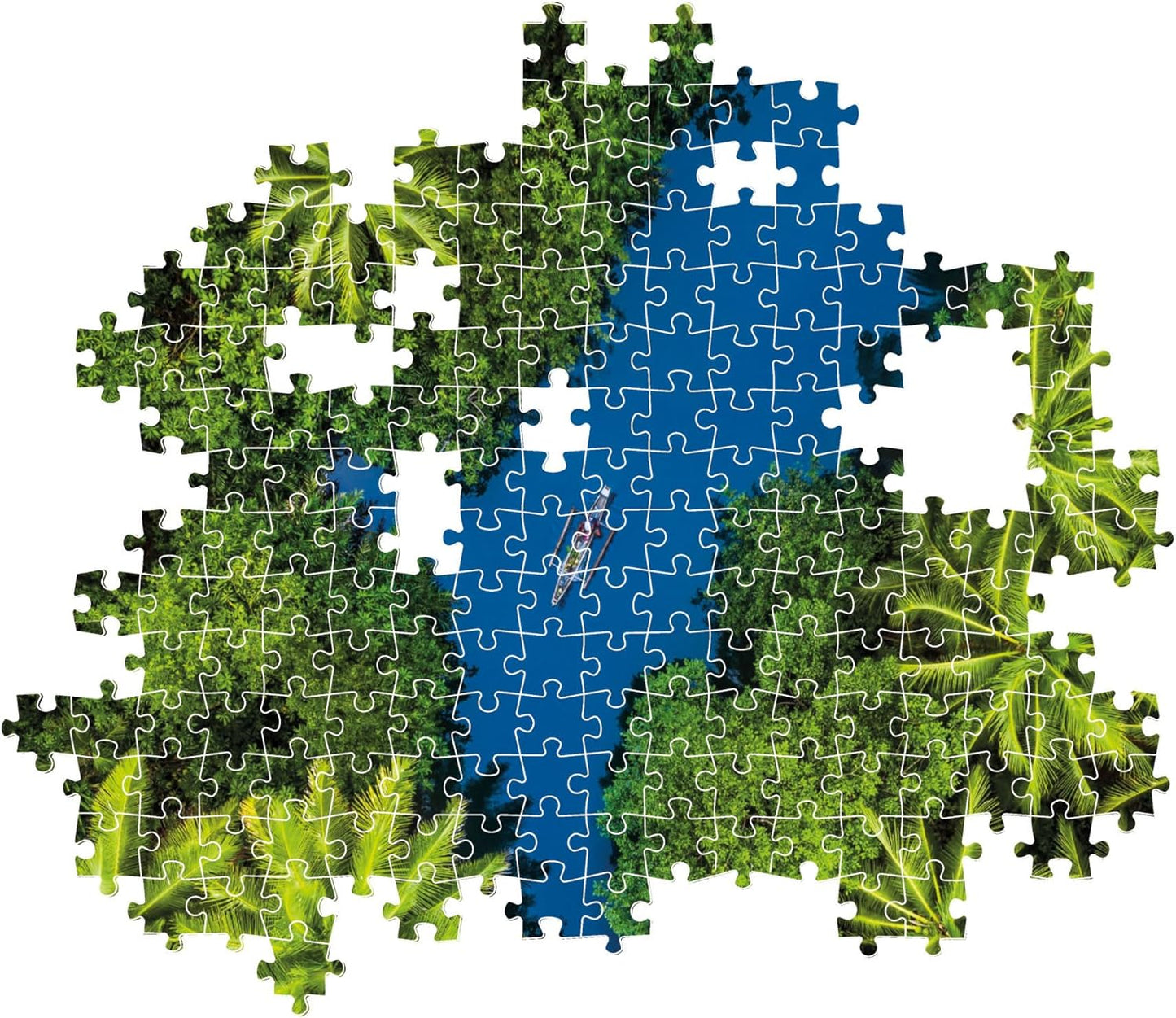 A jigsaw puzzle showing a person kayaking on blue water, surrounded by lush green trees and palm fronds, with missing pieces