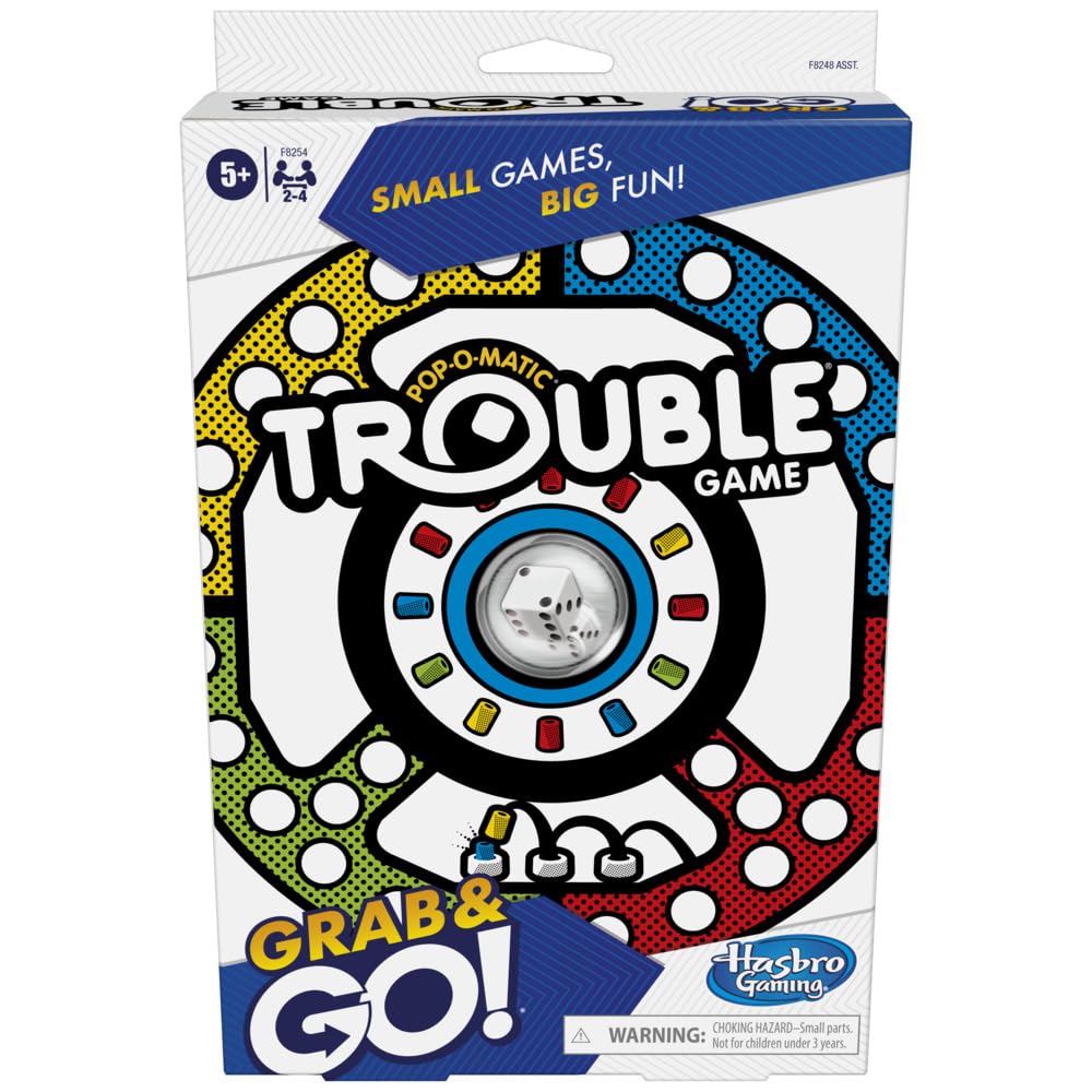 Trouble Grab & Go! board game box, featuring the Pop-O-Matic dice roller and a colorful game path