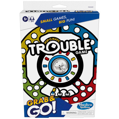 Trouble Grab & Go! board game box, featuring the Pop-O-Matic dice roller and a colorful game path