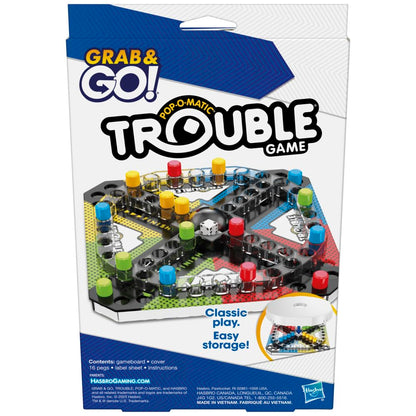 Grab & Go Pop-O-Matic Trouble game box, displaying the compact board with colorful pegs and a central dice popper