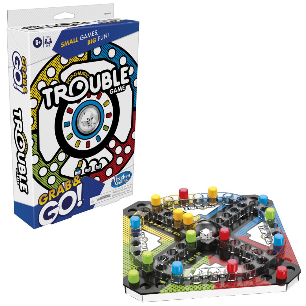 A Trouble Grab & Go! board game box and compact game board with colorful player pegs and a central dice popper