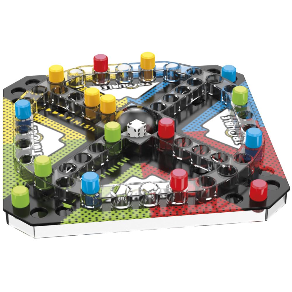 Colorful Trouble board game, with player pegs on a black track. A white die showing 1 rests in the central pop-o-matic dome