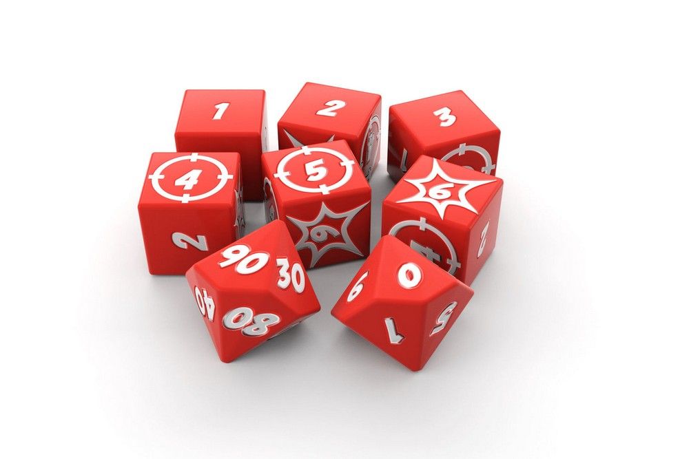 Close-up of a set of red gaming dice, including six-sided dice (some with target symbols) and two percentile ten-sided dice