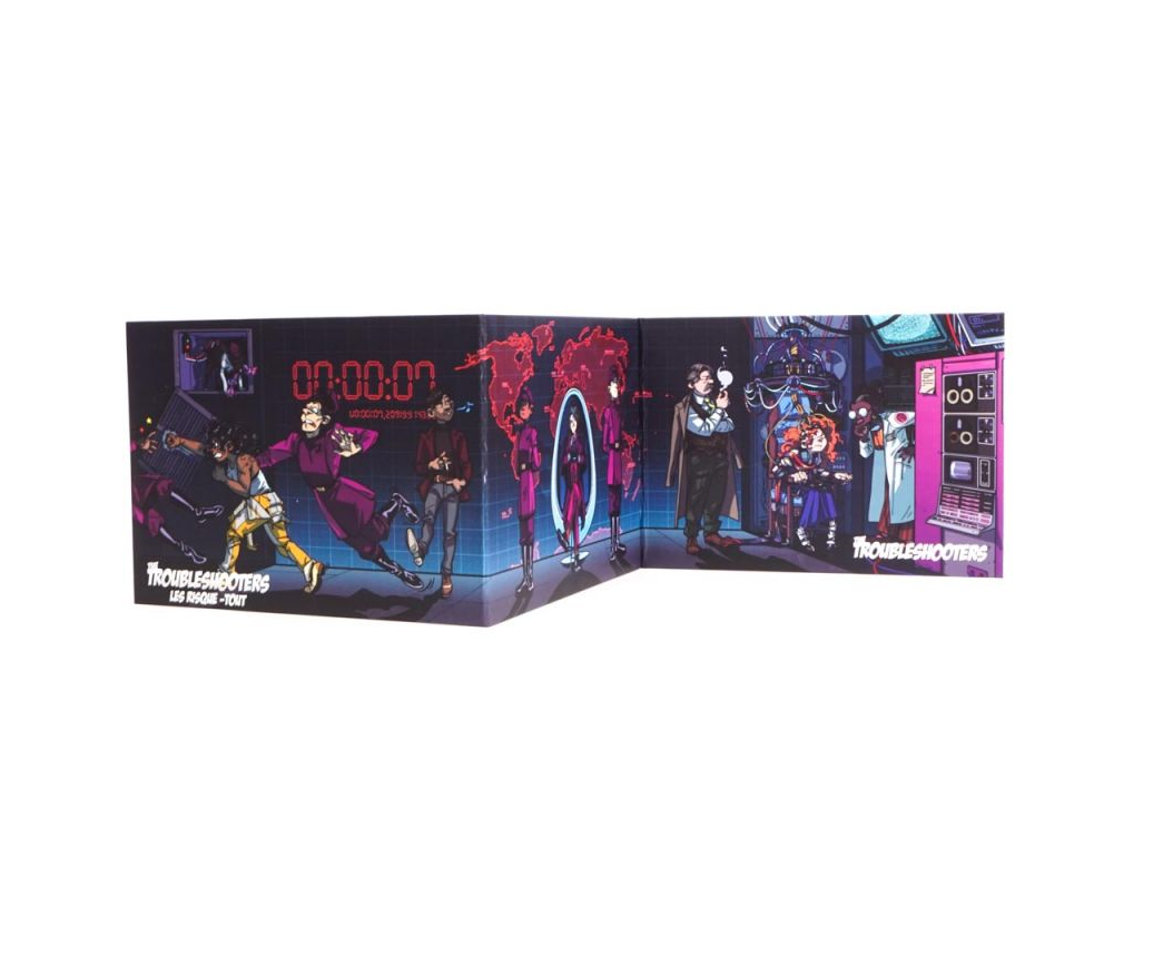 Illustrated "Troubleshooters" packaging showing diverse cartoon characters running, by sci-fi portals, and in a tech lab