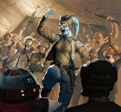 Blue Twi'lek leader with a glowing cybernetic eye yells, fist raised, addressing an armed crowd of cheering aliens and humans