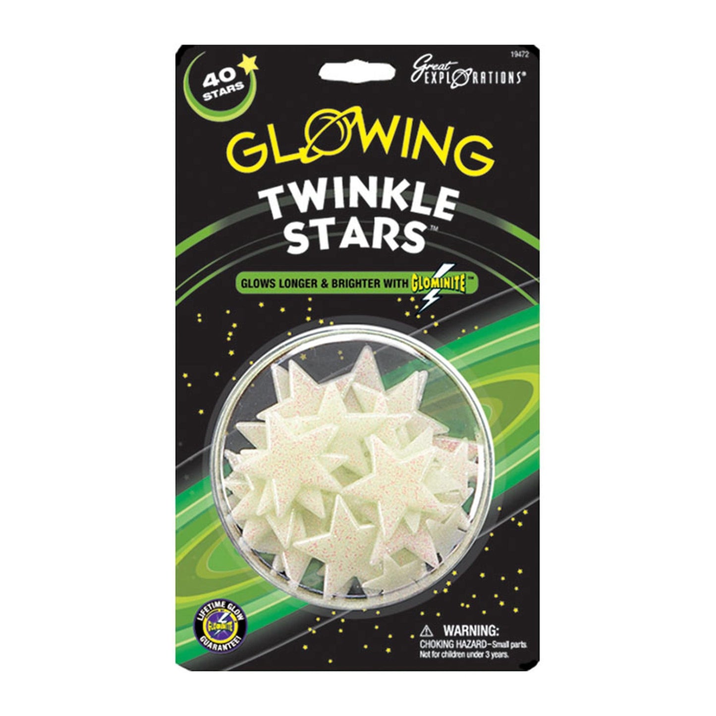 Package of 40 Glowing Twinkle Stars; white glow-in-the-dark plastic stars visible in clear packaging