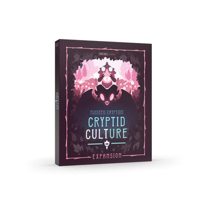 The box for Twisted Cryptids Cryptid Culture Expansion, featuring a dark bat-like creature against a pink forest background with other cryptids