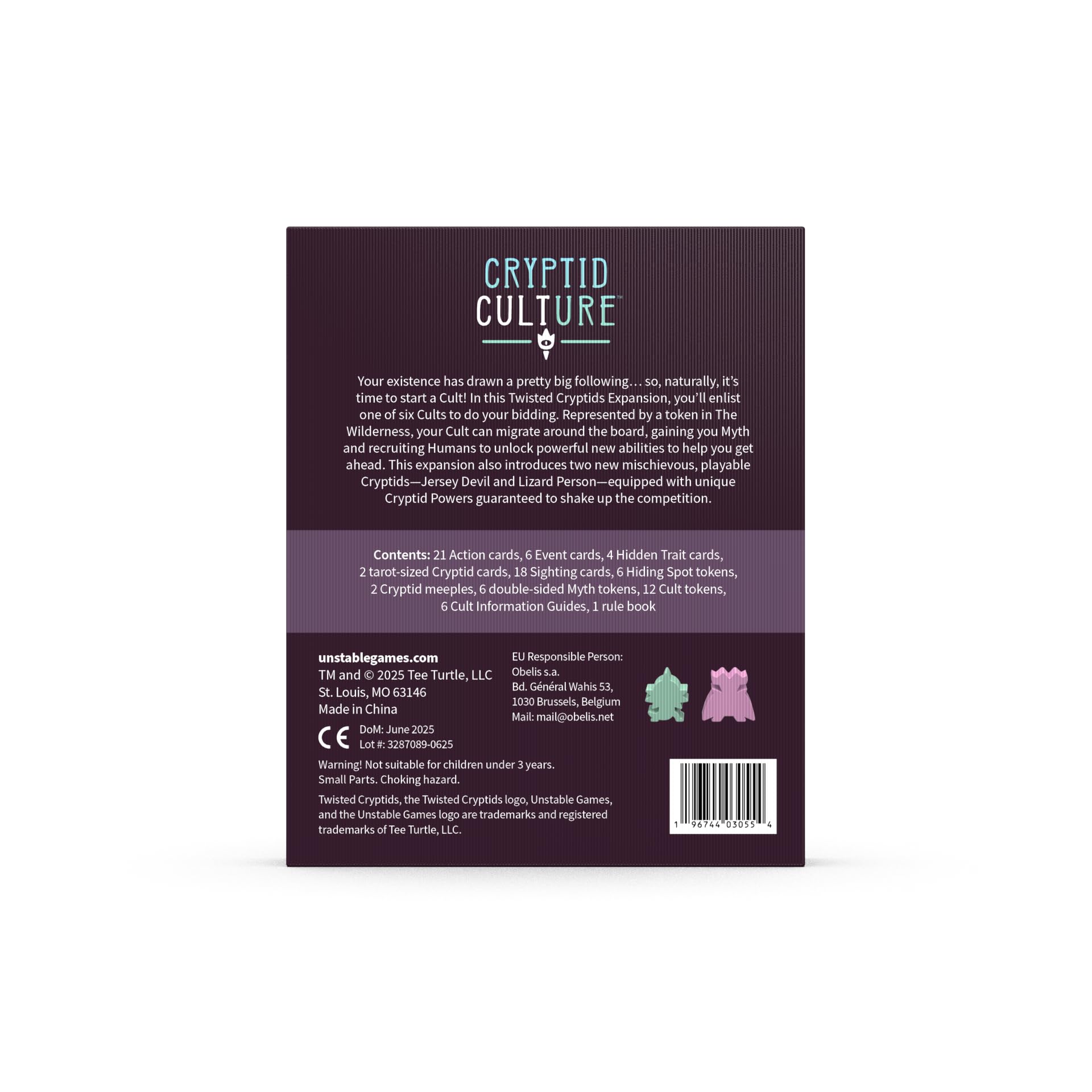 Back of the Twisted Cryptids Cryptid Culture Expansion box with game information, contents list, green and pink cryptid tokens, and a barcode on a dark textured background