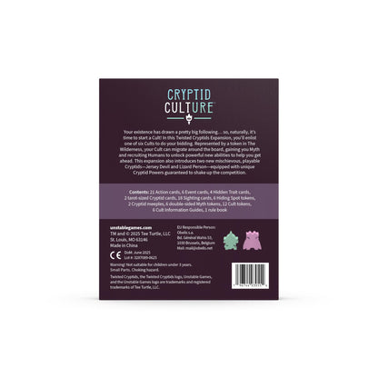 Back of the Twisted Cryptids Cryptid Culture Expansion box with game information, contents list, green and pink cryptid tokens, and a barcode on a dark textured background