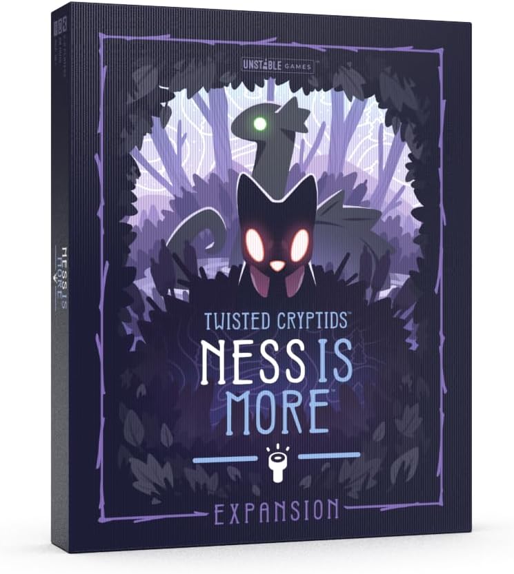 A box for Twisted Cryptids Ness is More Expansion features a black cat-like creature and a green monster in a purple forest