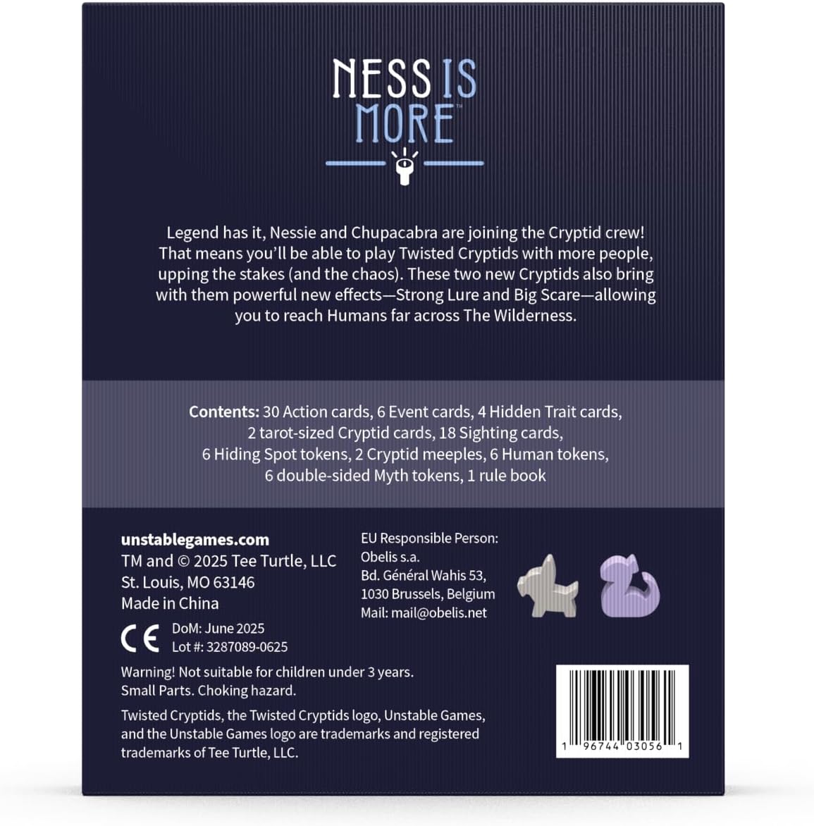 The back of the Twisted Cryptids Ness is More Expansion game box features the title, a gameplay description, a list of contents, and a barcode with two small animal tokens