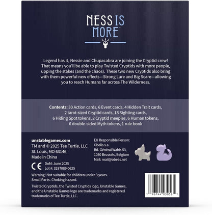 The back of the Twisted Cryptids Ness is More Expansion game box features the title, a gameplay description, a list of contents, and a barcode with two small animal tokens
