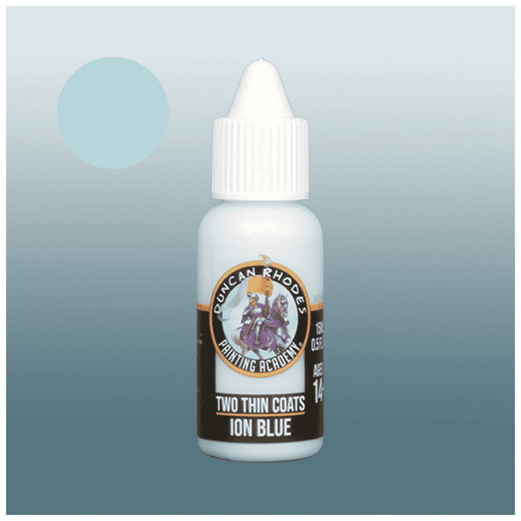 A white Duncan Rhodes Two Thin Coats Ion Blue paint bottle with a light blue colour swatch.