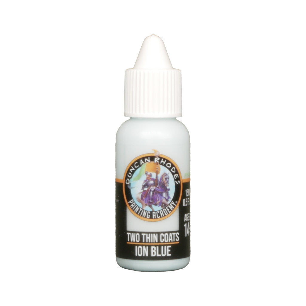 A light-colored paint bottle with a white dropper cap. Its label states "Duncan Rhodes Painting Academy, Two Thin Coats, ION BLUE".